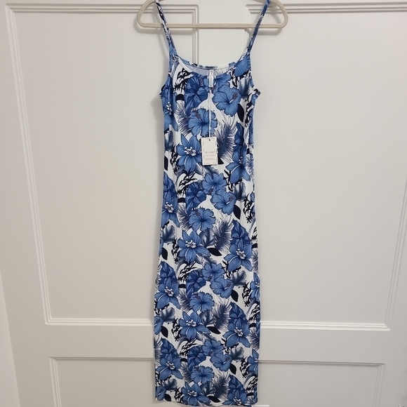 NEW Emily Stacy Women Blue Hibiscus Casual Spaghettis Strap Dress L. MSRP $50 - Picture 1 of 6